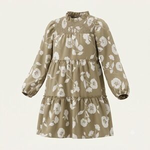 GeeGee Floral Babydoll Mini Dress S Small Olive Taupe Smocked Tiered Balloon L